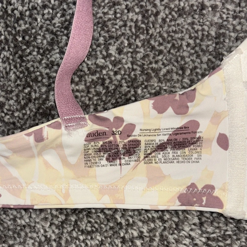 AUDEN Elegant Floral Women's nursing wireless Bra in Cream and Purple size 32D